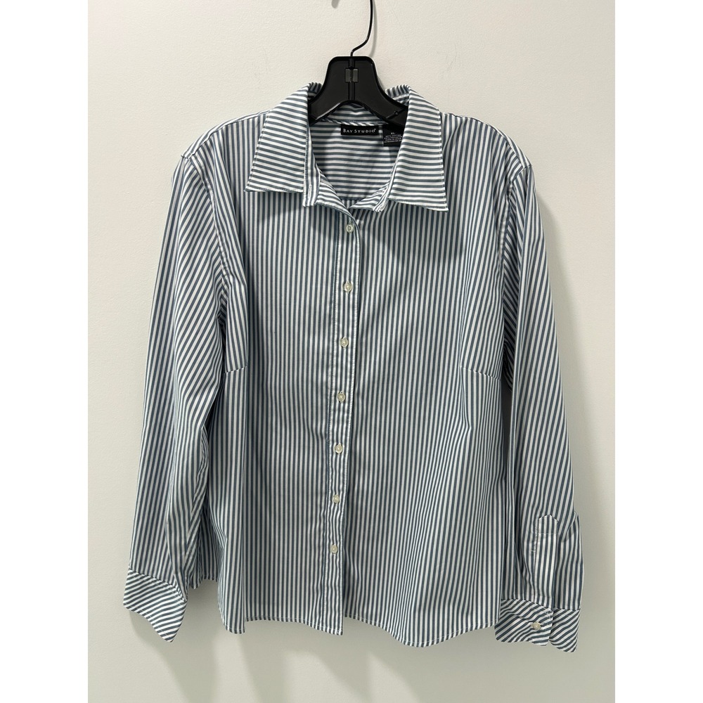 Bay Studio Womens XL Blue White Striped Button Up Shirt Long Sleeve Cotton Blend